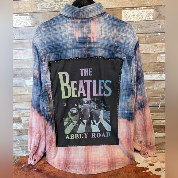 Hand Crafted Tops - The Beatles Abbey Road Upcycled Dip Dye Bleach Flannel Shirt